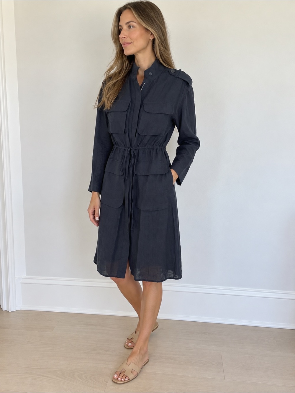 Zara Basic Navy Utility Safari Dress XS Drawstring Waist Cargo Pockets